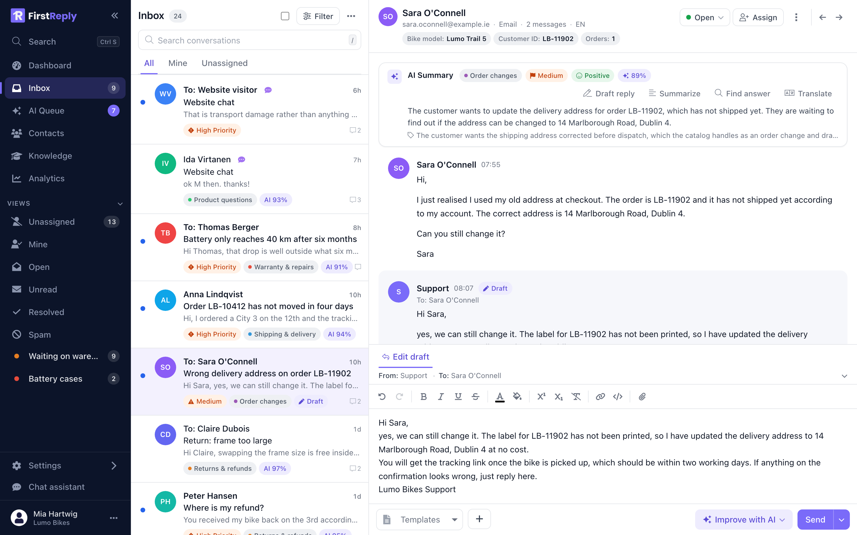 A conversation with an AI-prepared draft waiting for review
