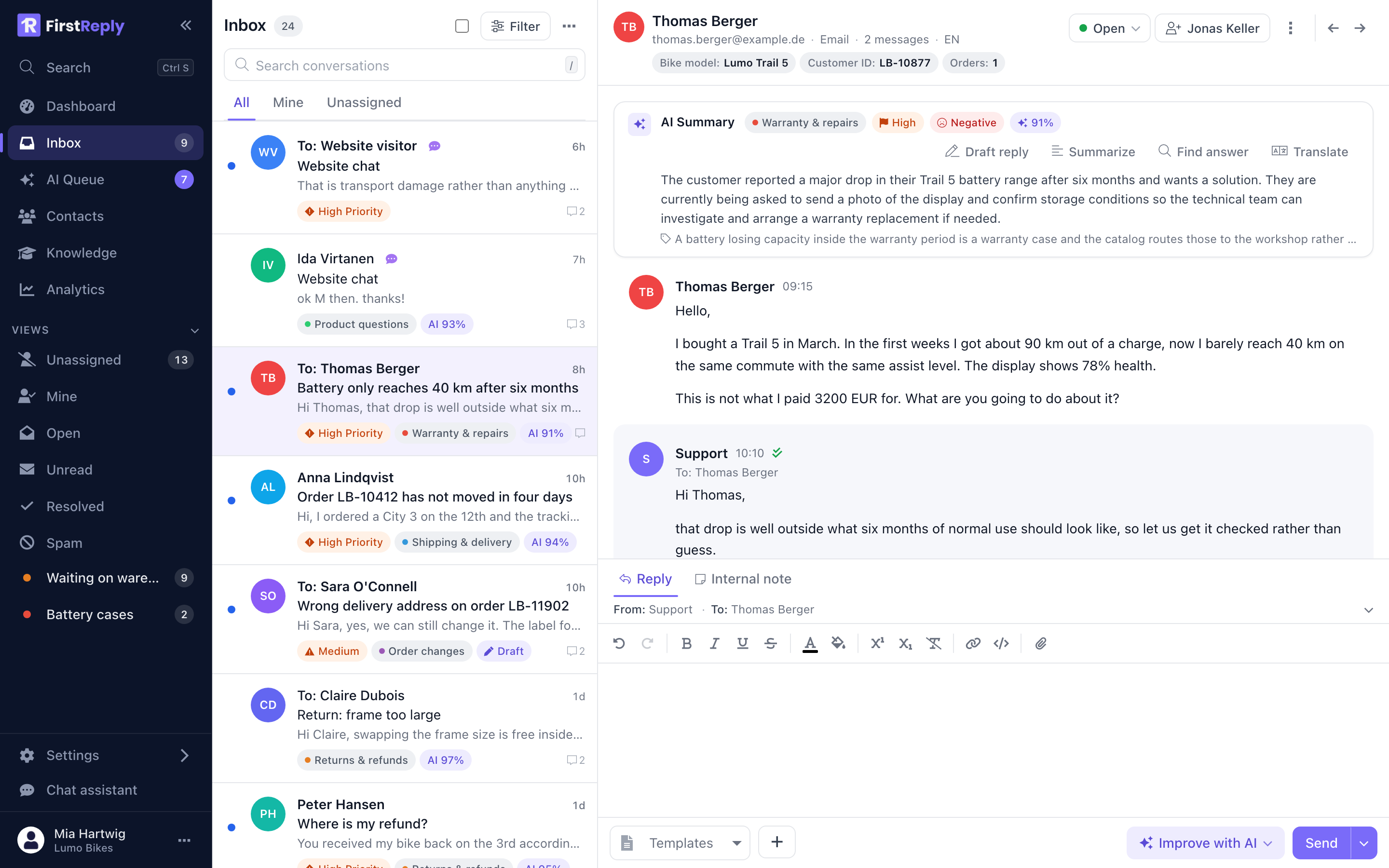 A conversation with the AI summary, the message history and the reply editor