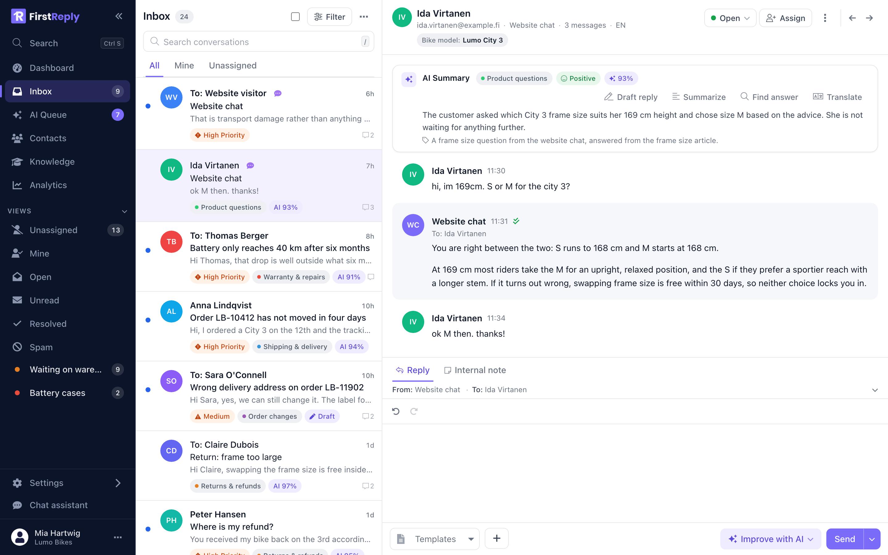 A website chat conversation in the inbox