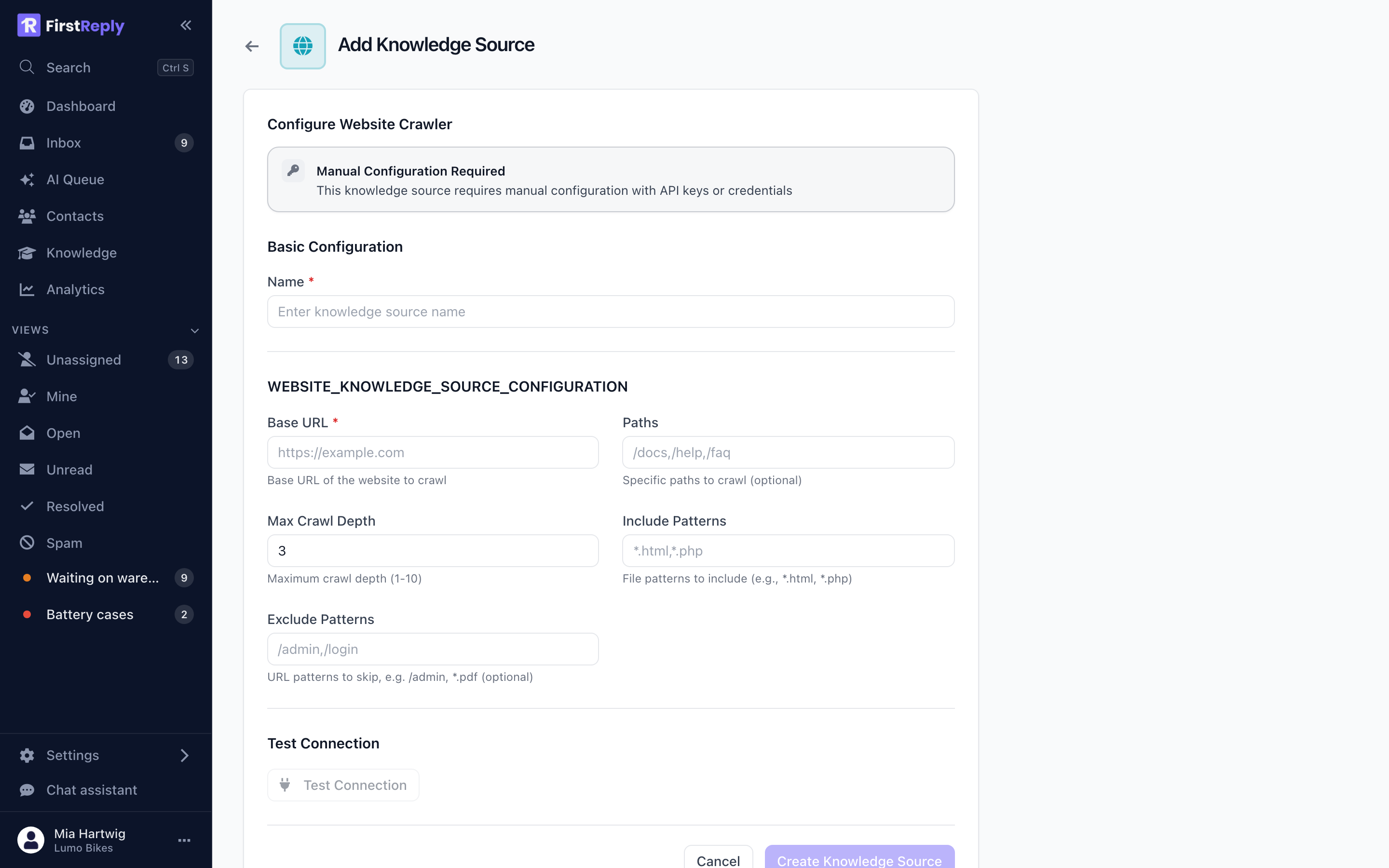 The website knowledge source form