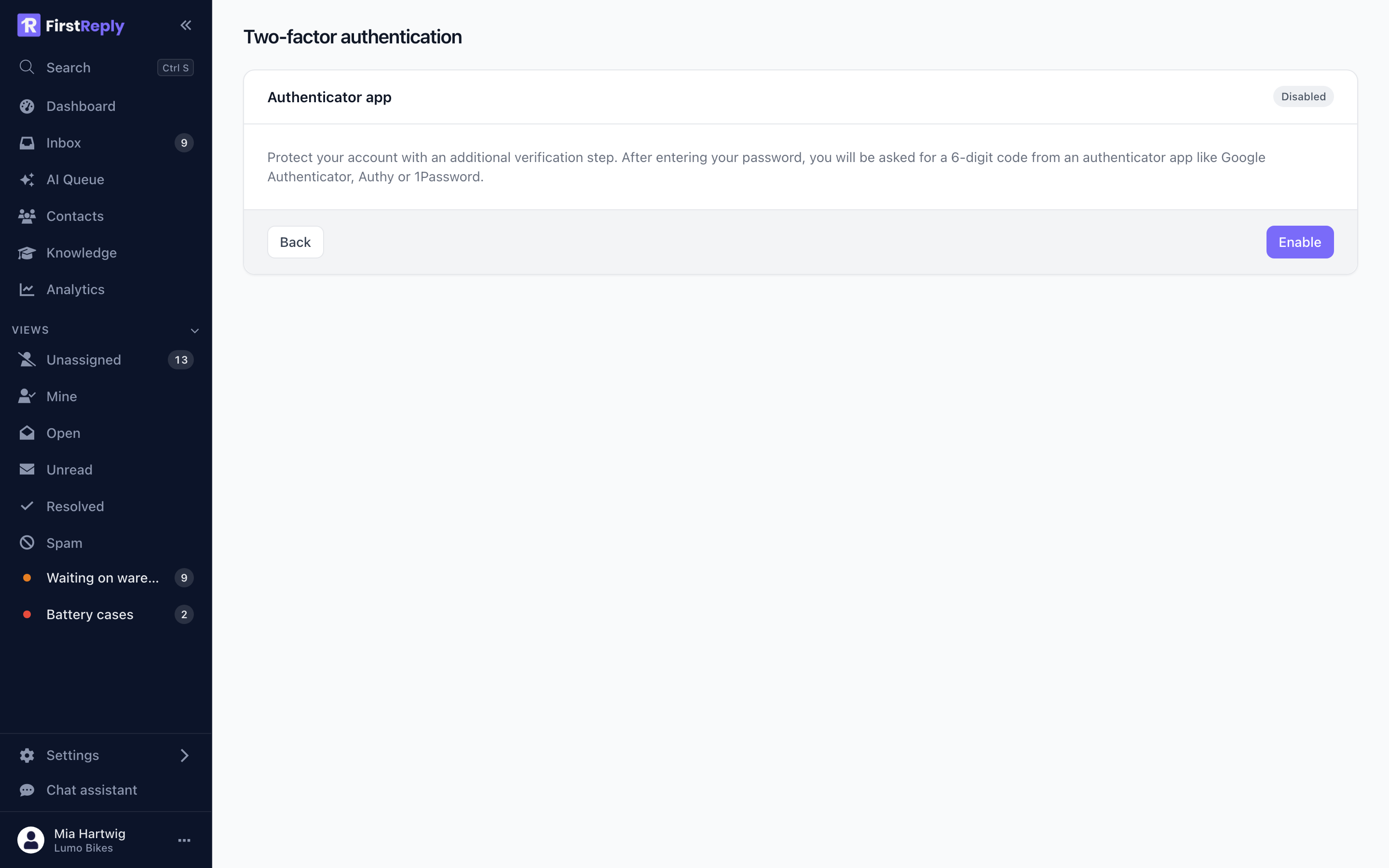 Setting up two-factor authentication