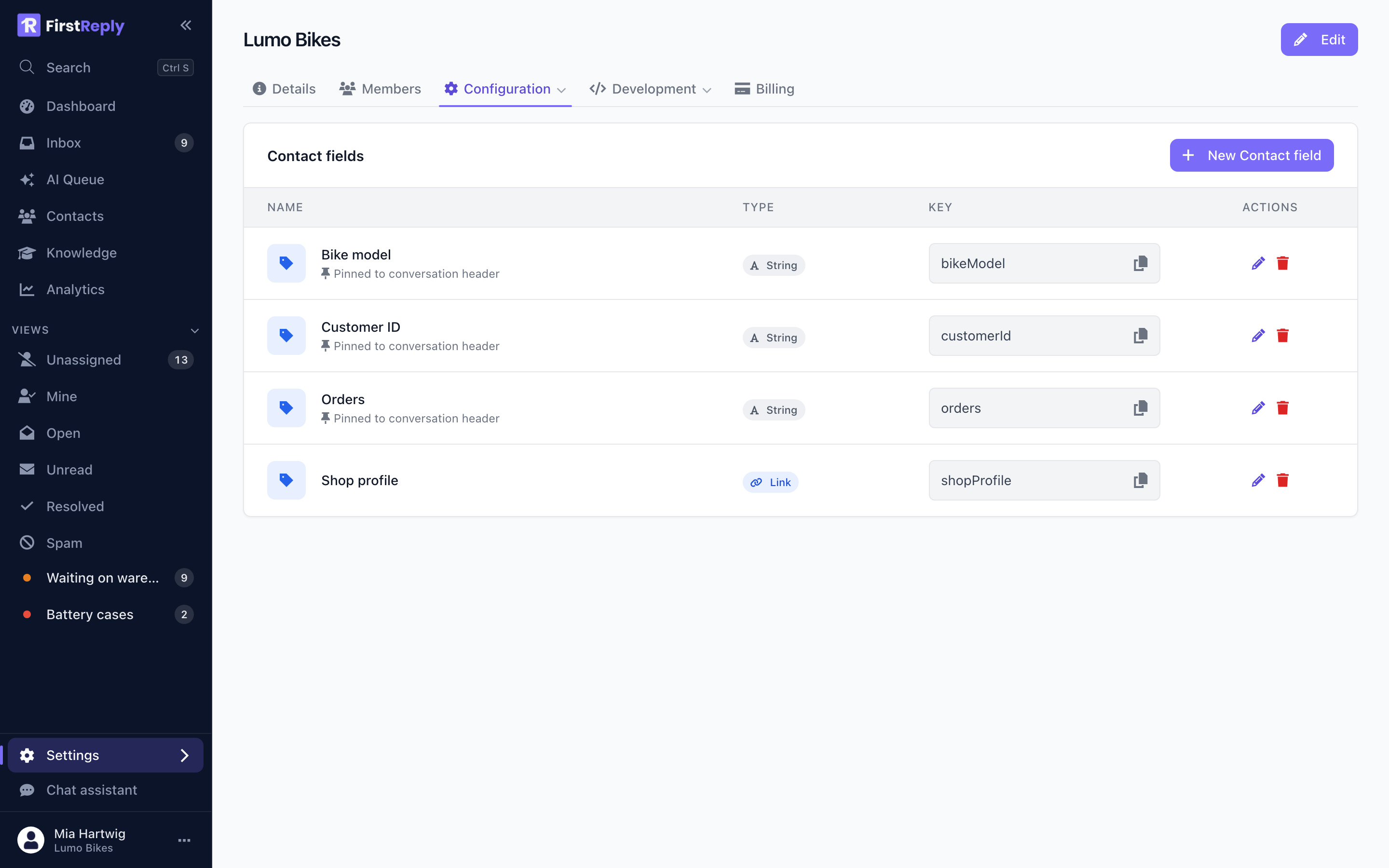 The custom fields of a workspace
