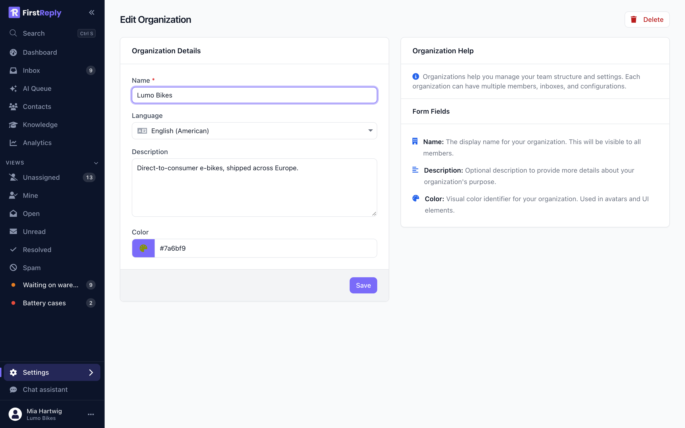 The workspace settings form