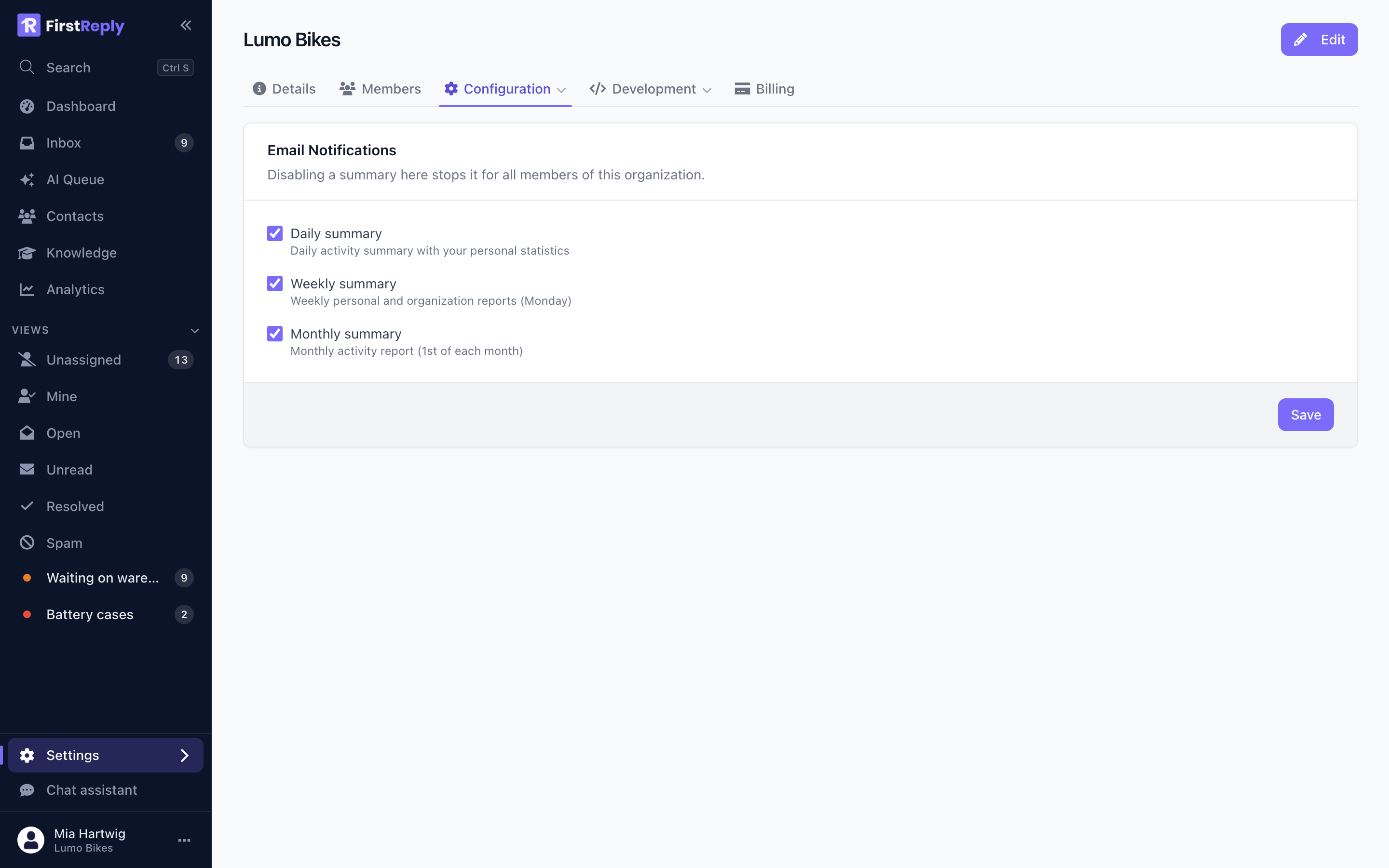 The workspace notification settings