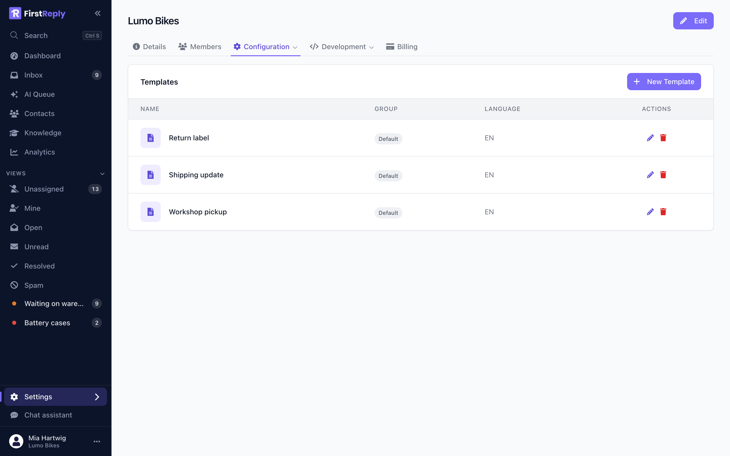 The templates of a workspace
