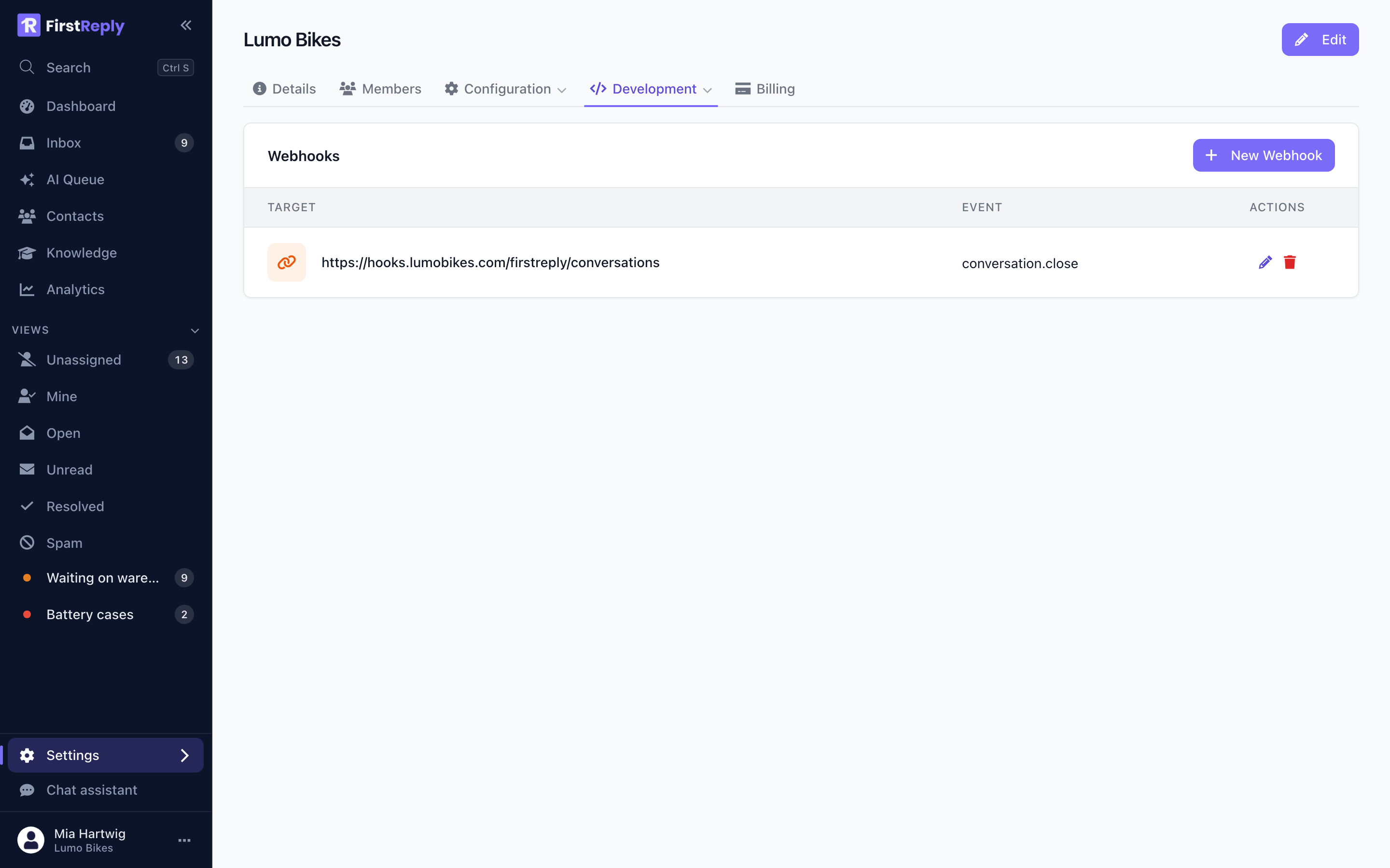 The webhooks of a workspace