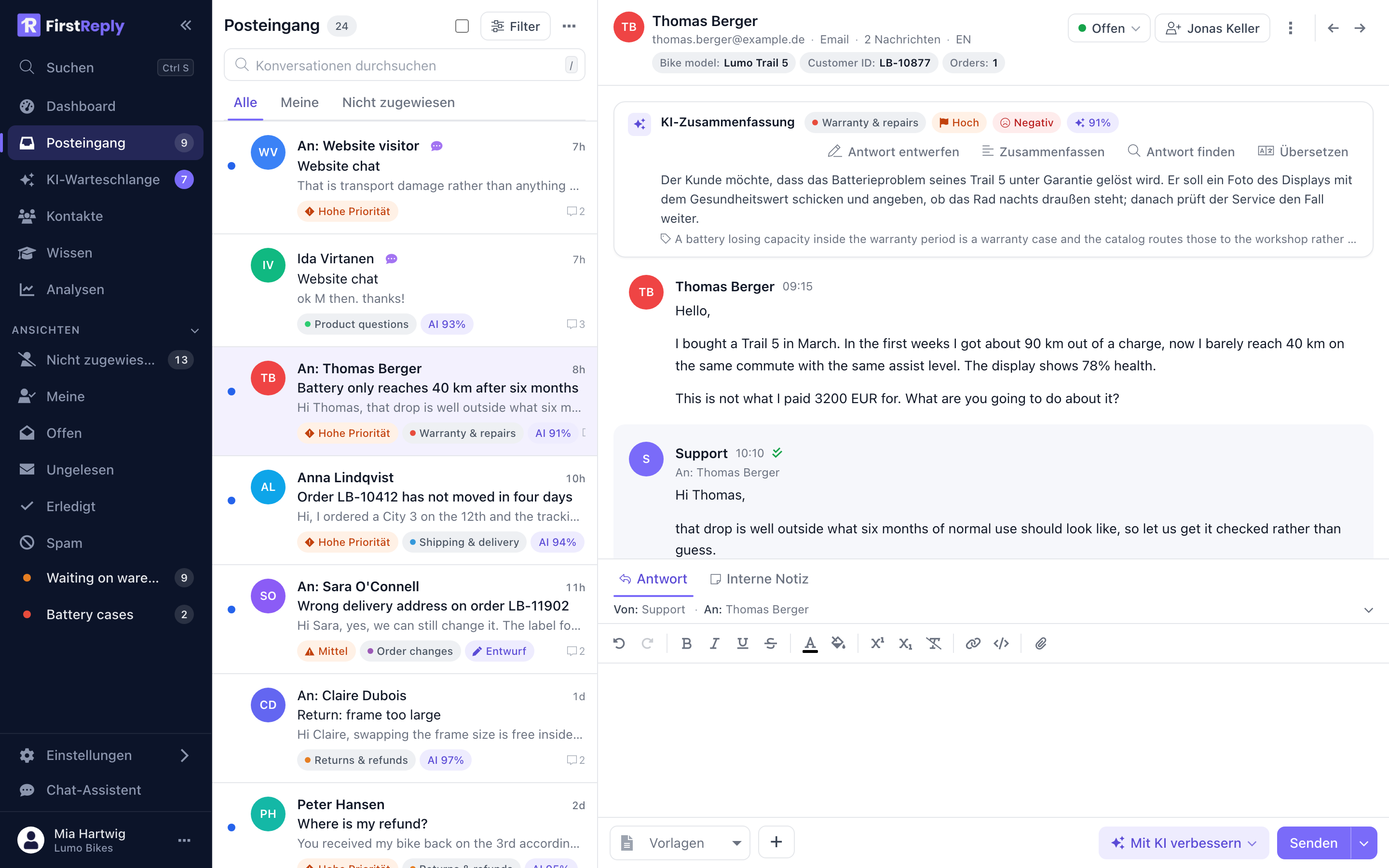 Eine Konversation mit KI-Zusammenfassung, Verlauf und Antworteditor