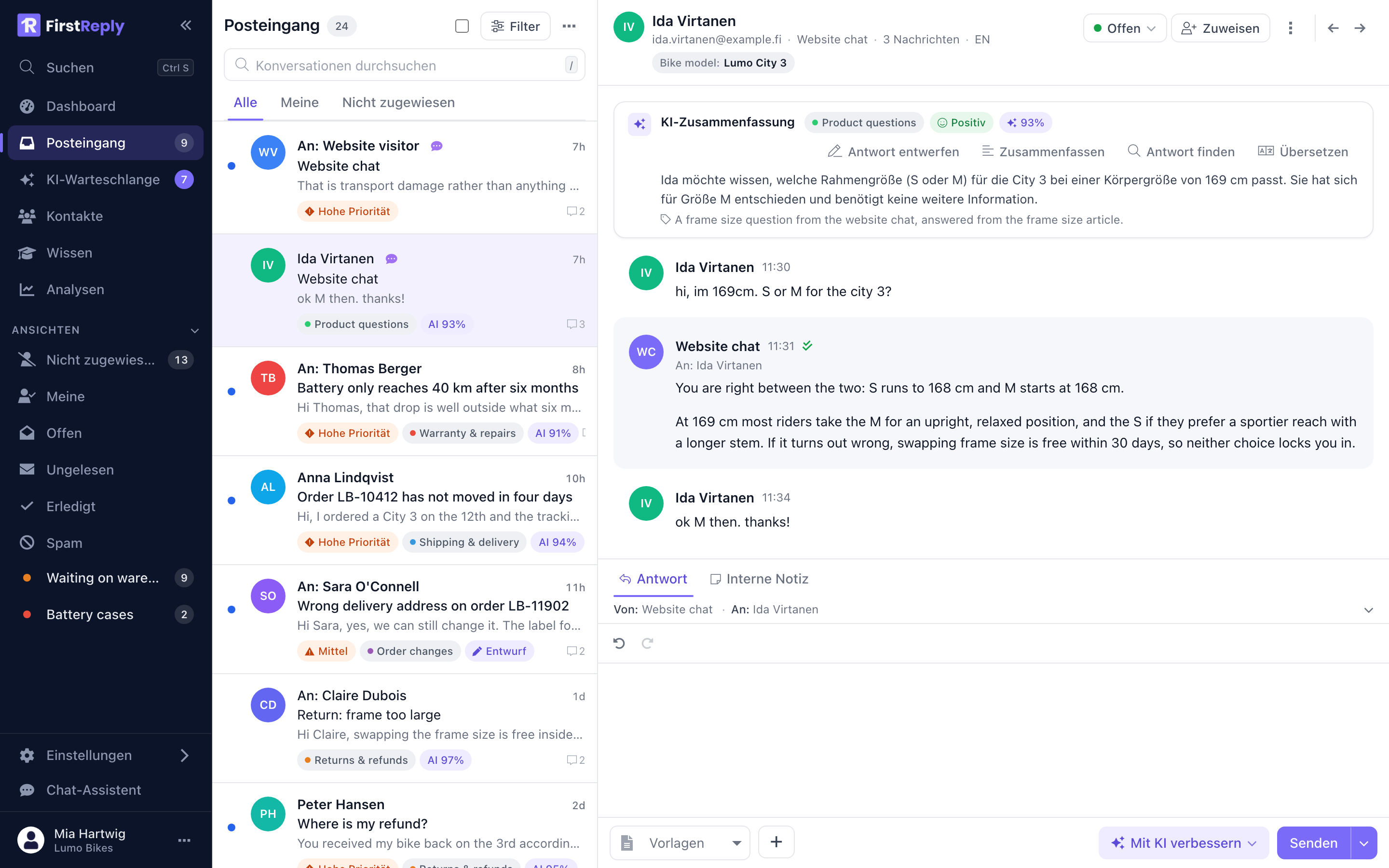Eine Website-Chat-Konversation im Posteingang