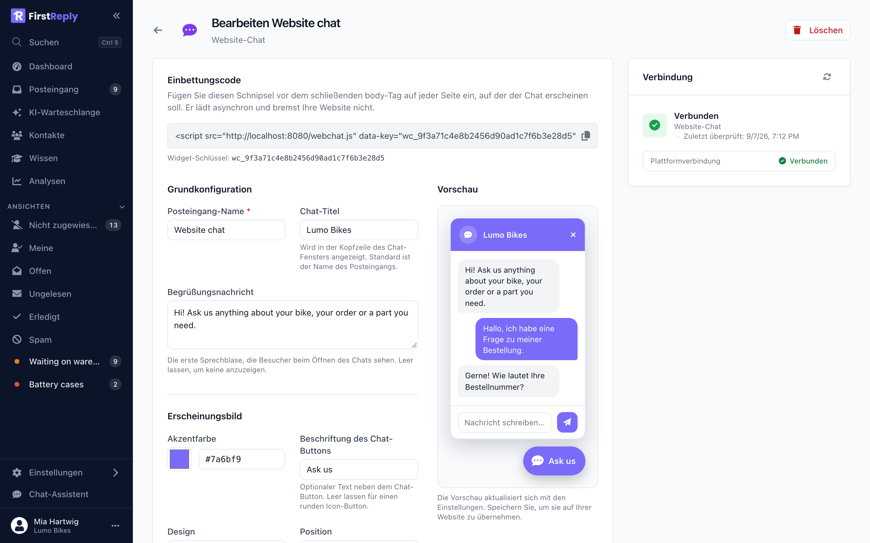 Die Website-Chat-Einstellungen mit Snippet und Live-Vorschau