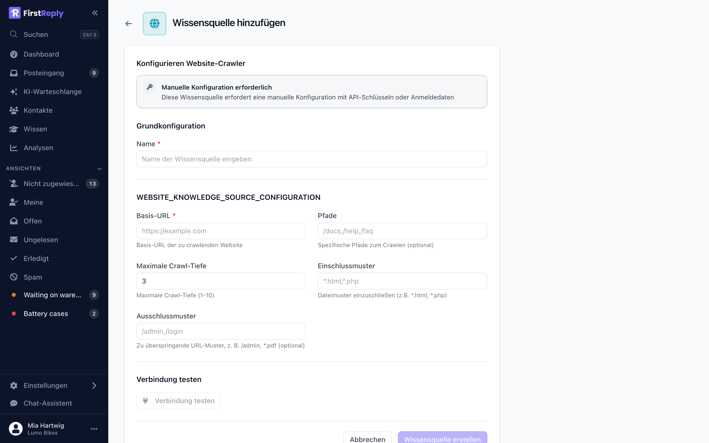 Das Formular für eine Website-Wissensquelle