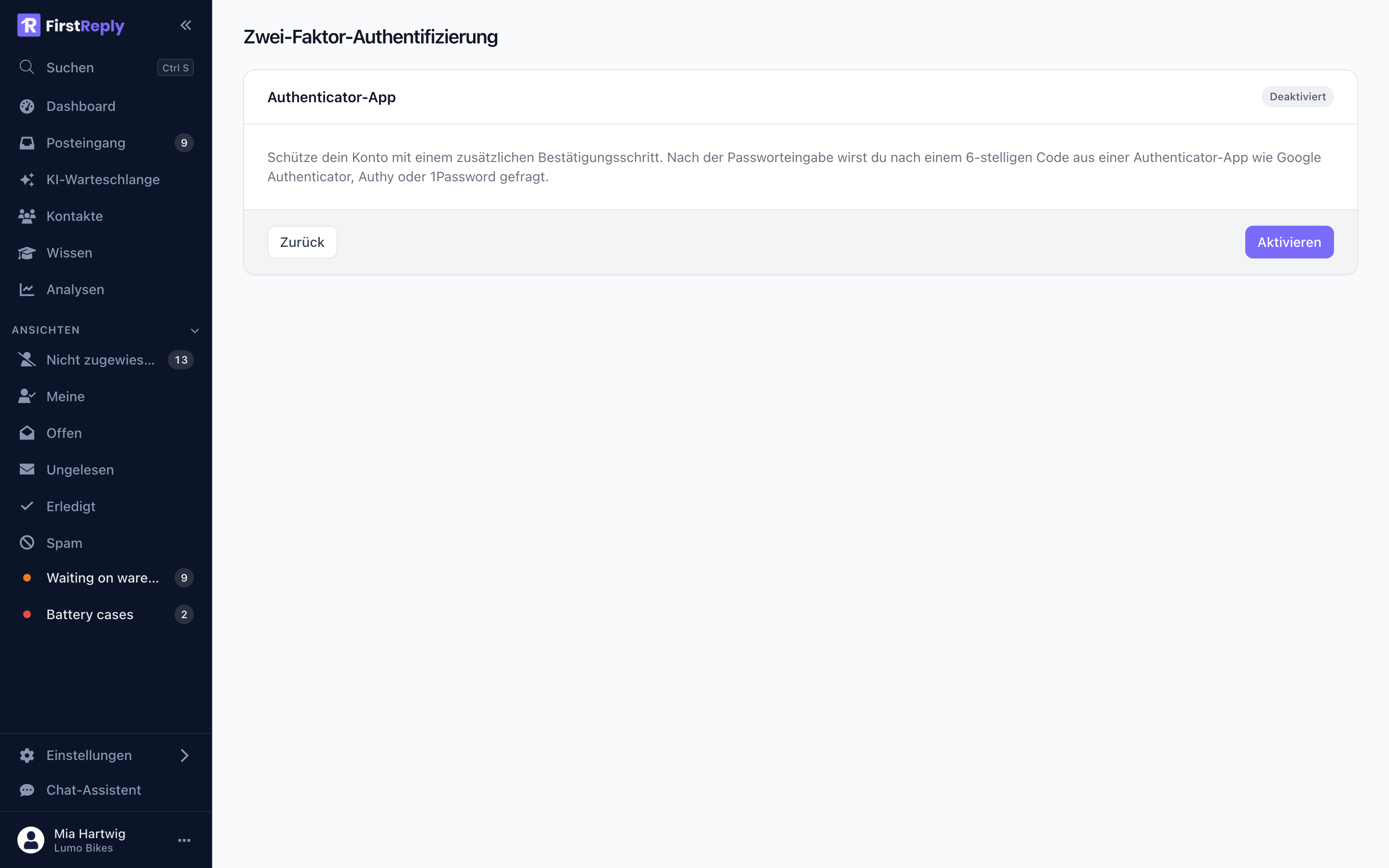 Zwei-Faktor-Authentifizierung einrichten