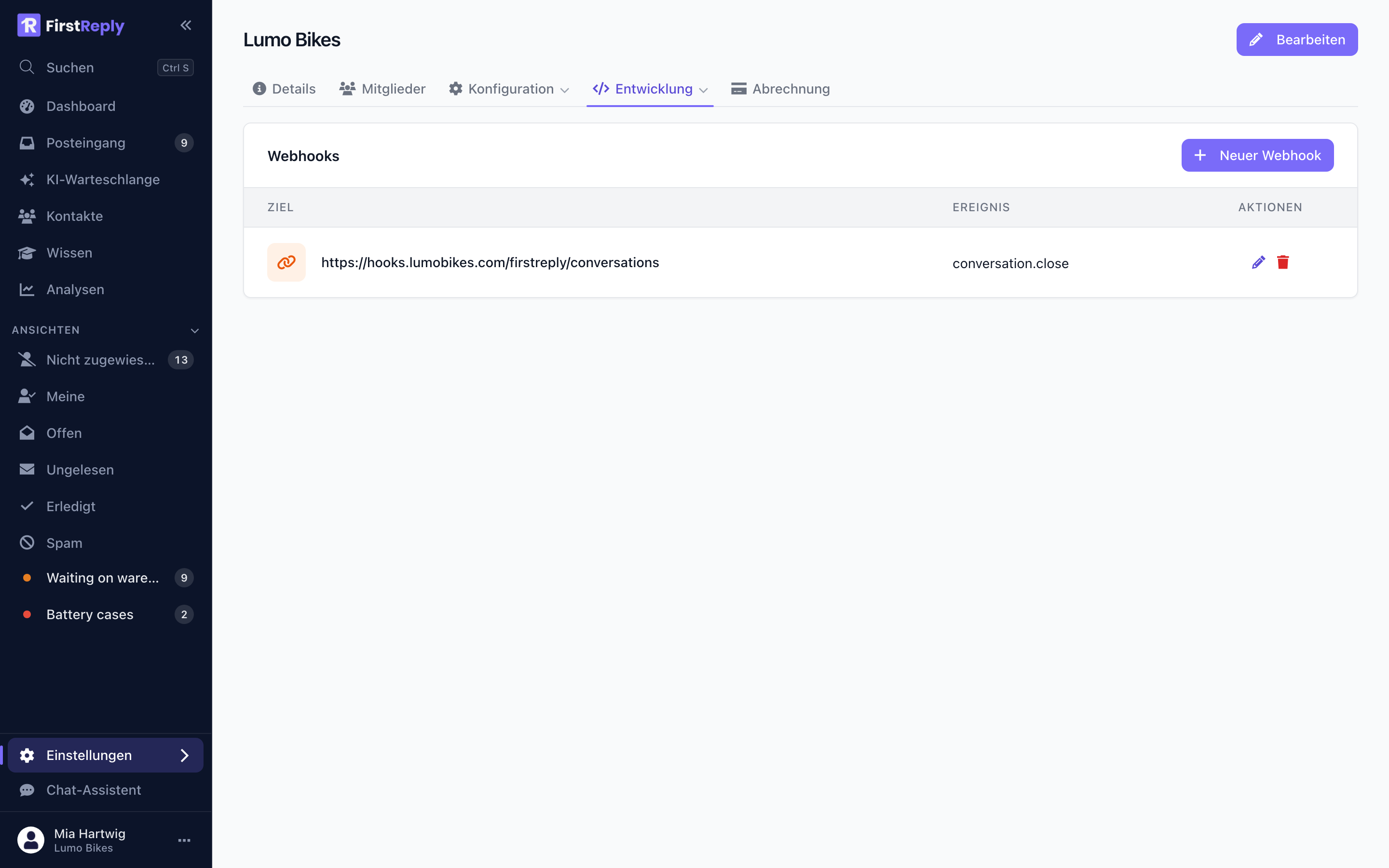 Die Webhooks eines Workspace
